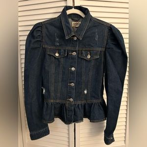 Denim Blvd Puffed Sleeve Distressed Jean Jacket, Large